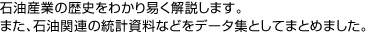 石油産業の歴史をわかり易く解説します。また、石油関連の統計資料などをデータ集としてまとめました。