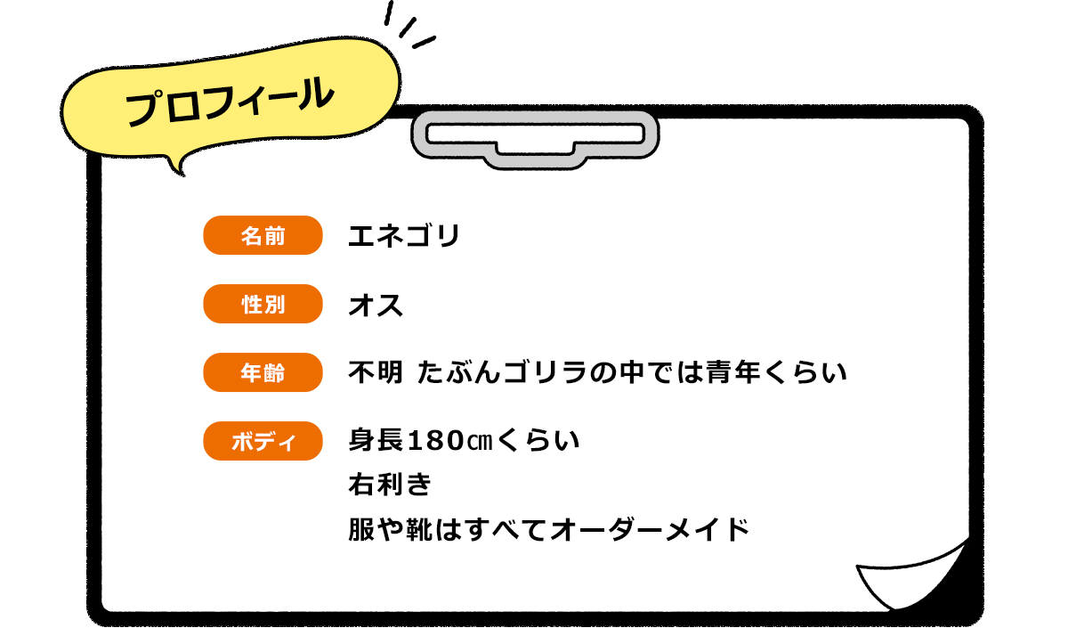 プロフィール　名前 エネゴリ　性別 オス　年齢 不明 たぶんゴリラの中では青年くらい　ボディ 身長180㎝くらい 右利き 服や靴はすべてオーダーメイド